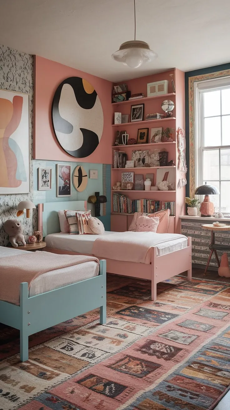 An inviting eclectic kids bedroom showcases two beds, a colorful rug, and playful decor, embodying functional and maximalist kids room ideas.