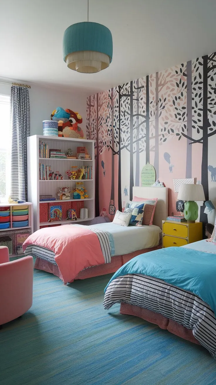 An eclectic kids room with two beds showcases a bright, maximalist style filled with diverse textures and colors, making it an inspiring functional space for children.