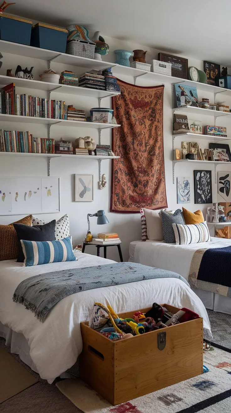 An eclectic kids bedroom with two beds, a wooden toy chest, and art-filled walls showcases imaginative small children's room ideas while maximizing functionality and style.