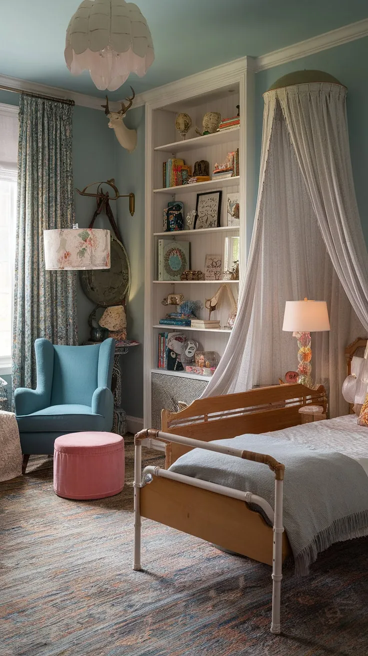 Featuring a harmonious blend of eclectic room ideas, this functional kids bedroom with two beds is a perfect example of a maximalist kids room that maximizes both style and space.