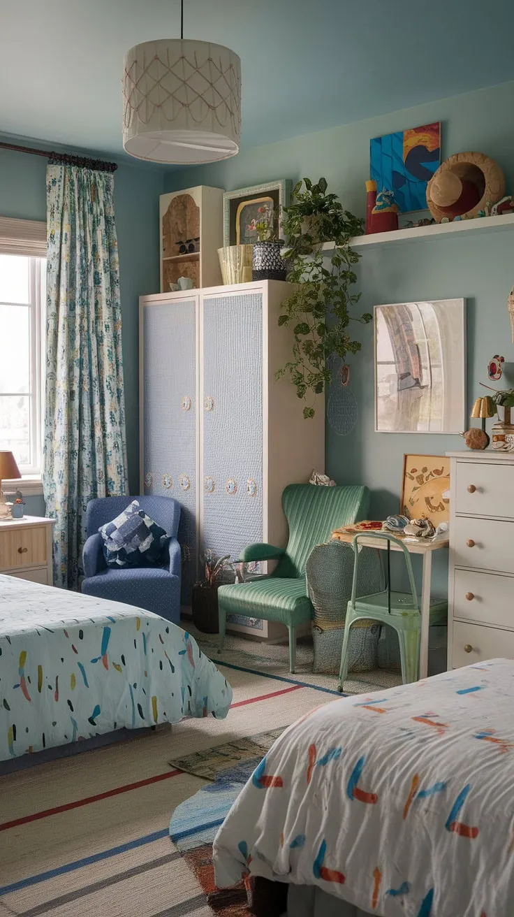 An eclectic kids room with two beds combines functional furniture and maximalist decor, creating a lively and inspiring space filled with unique textures and colors.