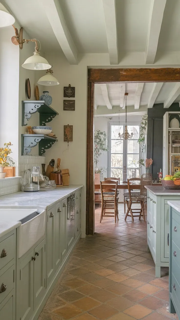 With its sage green cabinets and eclectic design, this French country kitchen showcases a perfect blend of style and inspiration for green kitchen cabinets.
