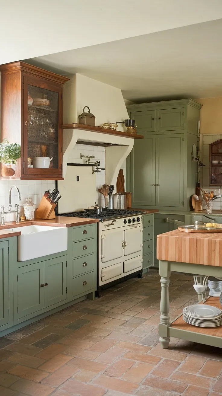 The sage green kitchen, adorned with wood cabinets and a vintage stove, captures the essence of French style while offering inspiring kitchen cabinet ideas.