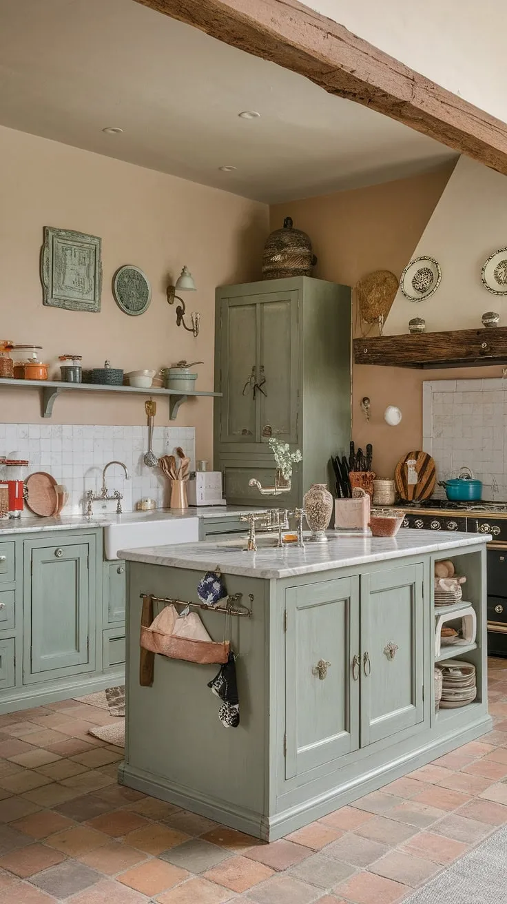 With its sage green cabinets and rustic finishes, this eclectic French-style kitchen beautifully combines modern functionality with classic charm, perfect for anyone seeking kitchen cabinet inspiration.