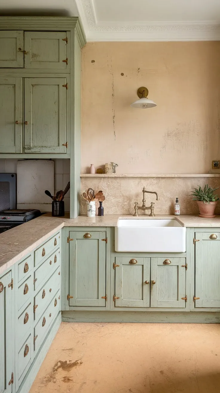 The charming sage green kitchen features distressed cabinets and brass hardware, creating a warm and inviting atmosphere perfect for kitchen cabinet inspiration.