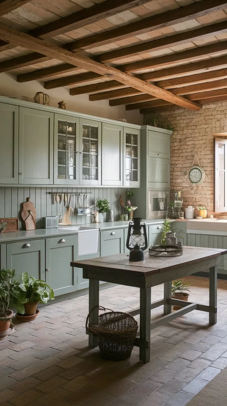 This eclectic French country kitchen features charming sage green cabinets, rustic wooden beams, and terracotta tiles, creating an inviting space filled with vintage accents and potted plants.