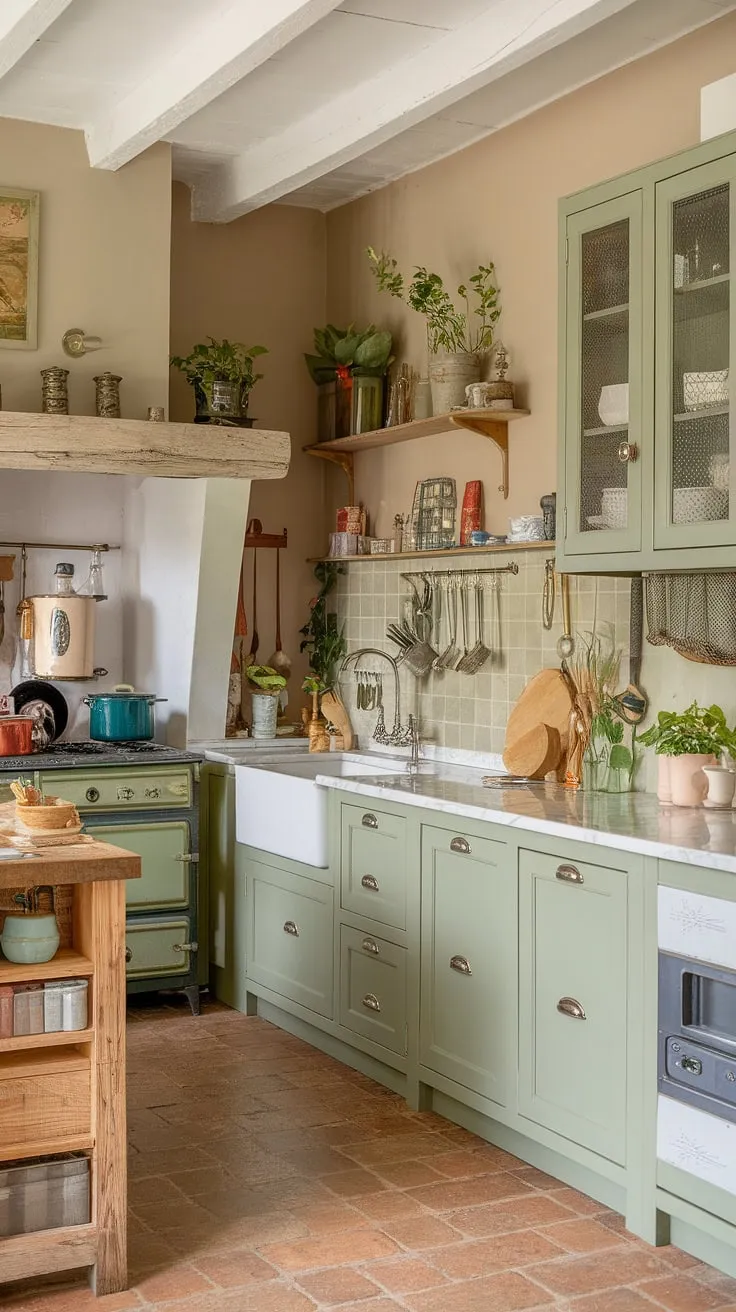 This eclectic French-style kitchen features sage green cabinets and rustic elements like a wooden island, blending vintage charm with modern touches for inspiring kitchen cabinet ideas.