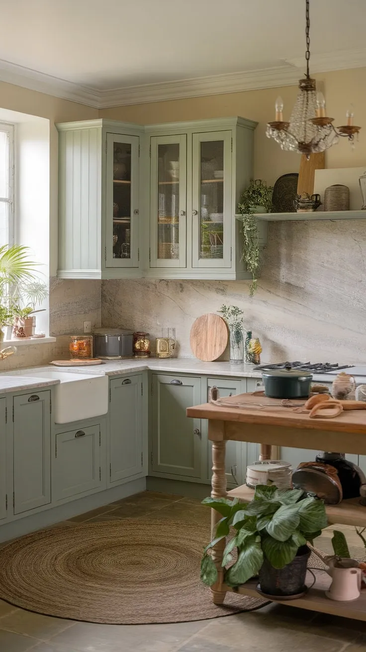 This eclectic French country kitchen features sage green cabinets, a marble countertop, and charming decor that inspires a cozy green kitchen aesthetic.