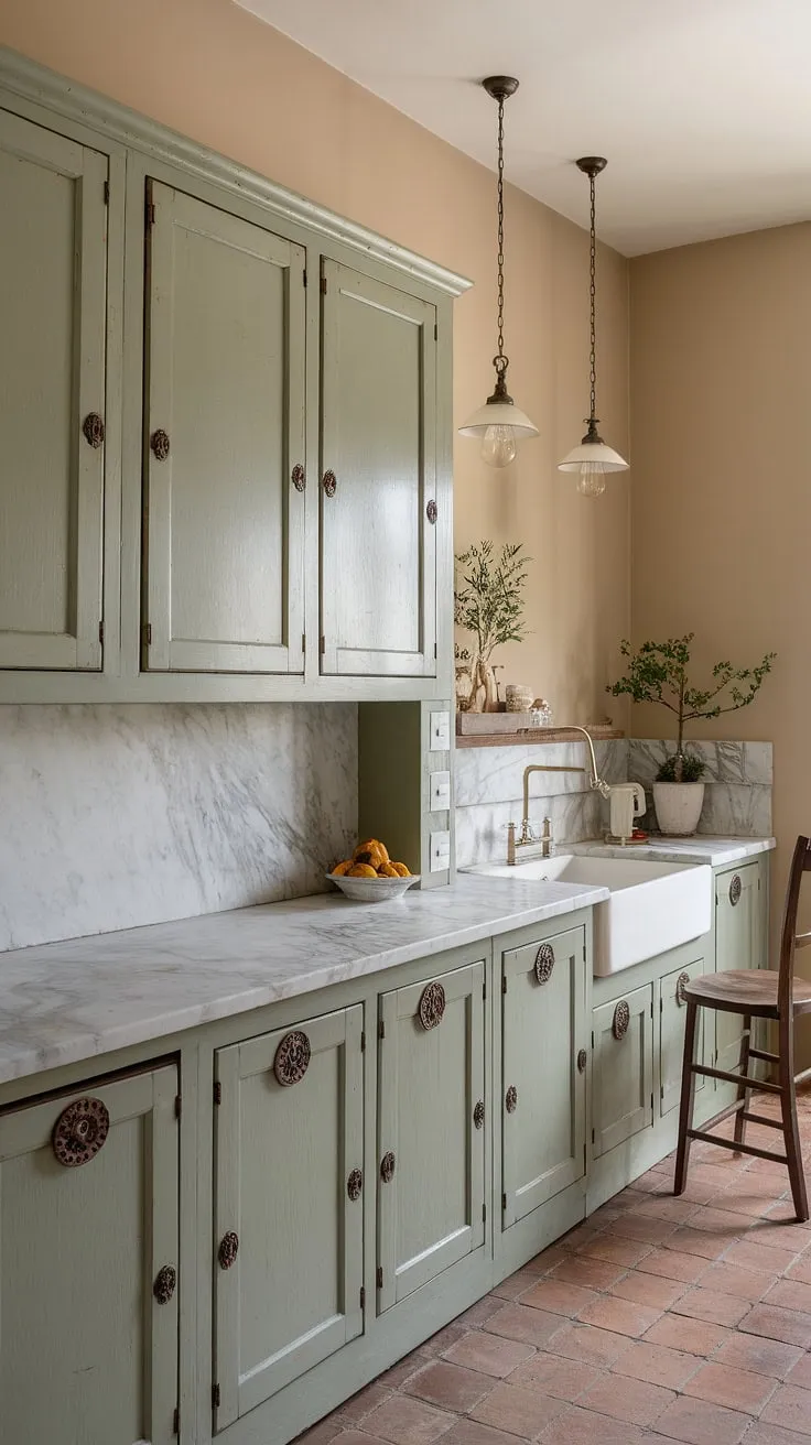 Featuring sage green kitchen cabinets and a rustic aesthetic, this French style kitchen blends elegance with practicality, perfect for kitchen cabinet inspiration.