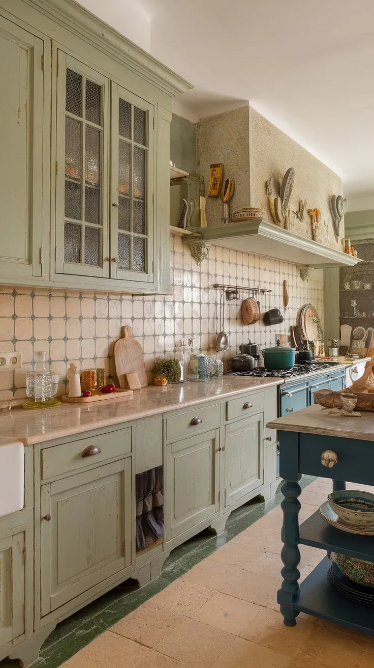 With its charming sage green cabinets and inviting decor, this French country kitchen showcases eclectic kitchen cabinet inspiration that beautifully blends rustic elements and modern design.