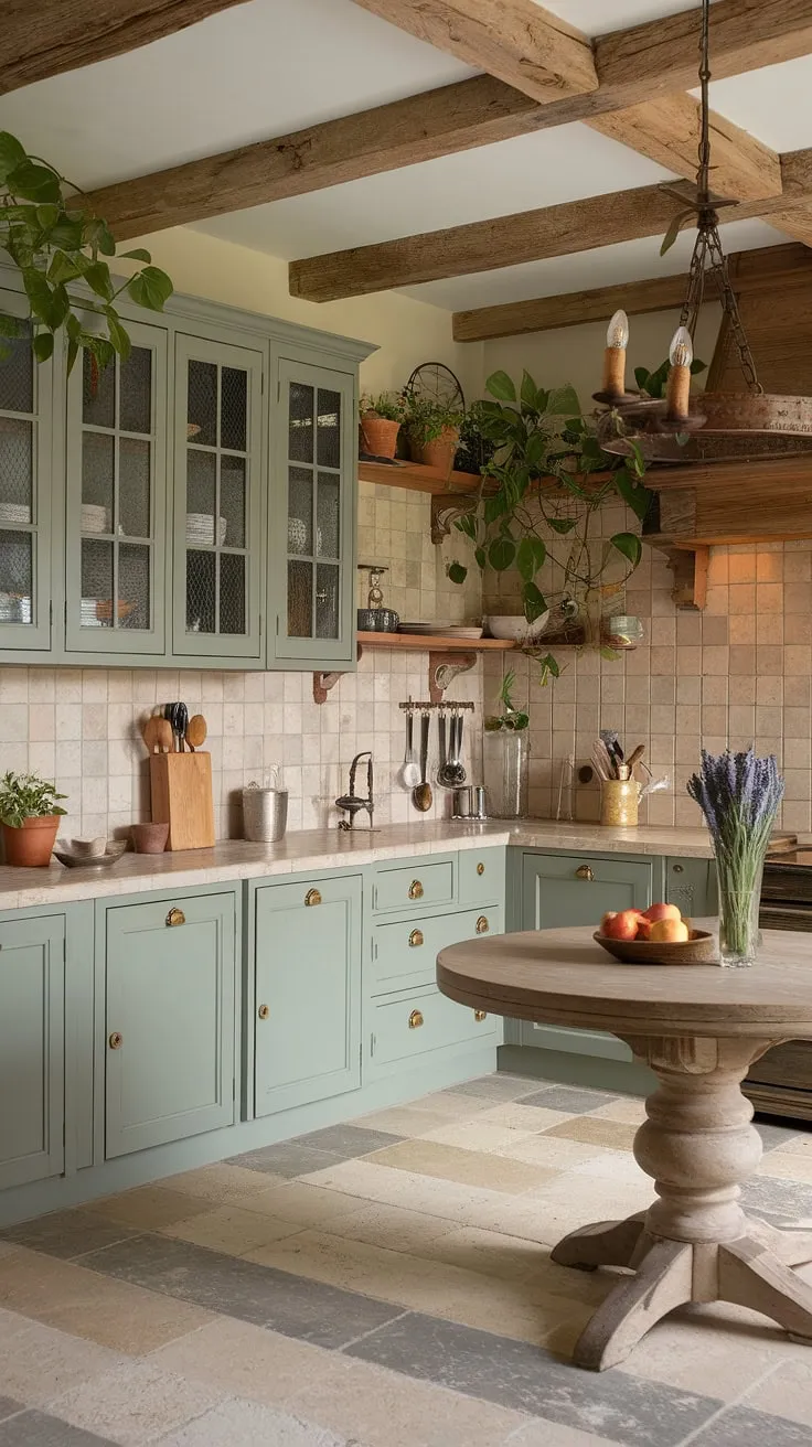 With its sage green kitchen cabinets and rustic elements, this French country kitchen beautifully blends eclectic charm and functionality.