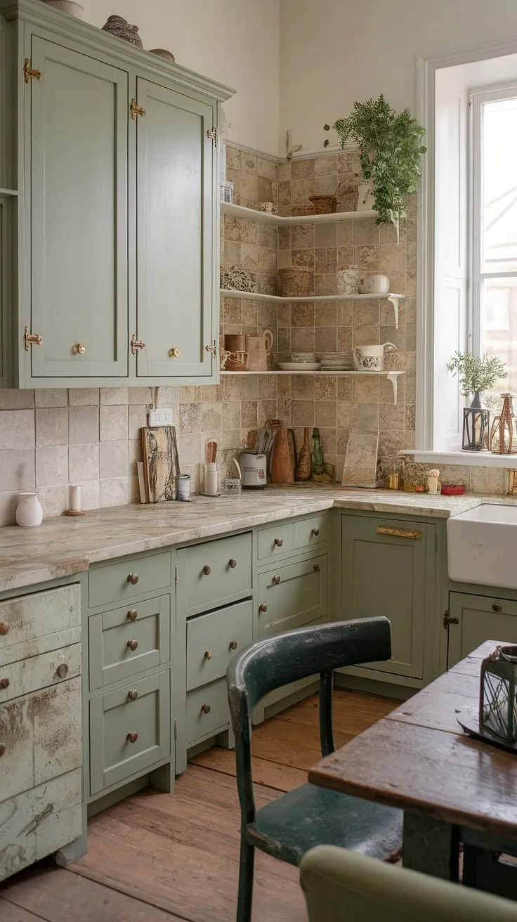 The sage kitchen cabinets and vintage accents in this French-style kitchen create a unique blend of rustic charm and modern elegance.