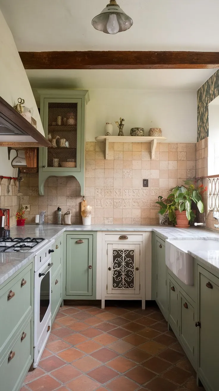 This eclectic French style kitchen features sage green cabinets, a marble countertop, and charming vintage accents, offering inspiring ideas for a green kitchen with a cozy country feel.