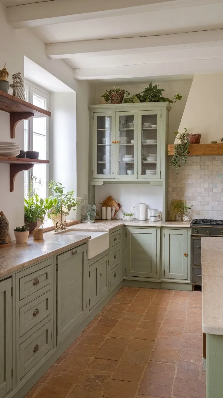 With its sage green kitchen cabinets and rustic decor, this French style kitchen beautifully blends eclectic elements for a warm, inviting atmosphere.