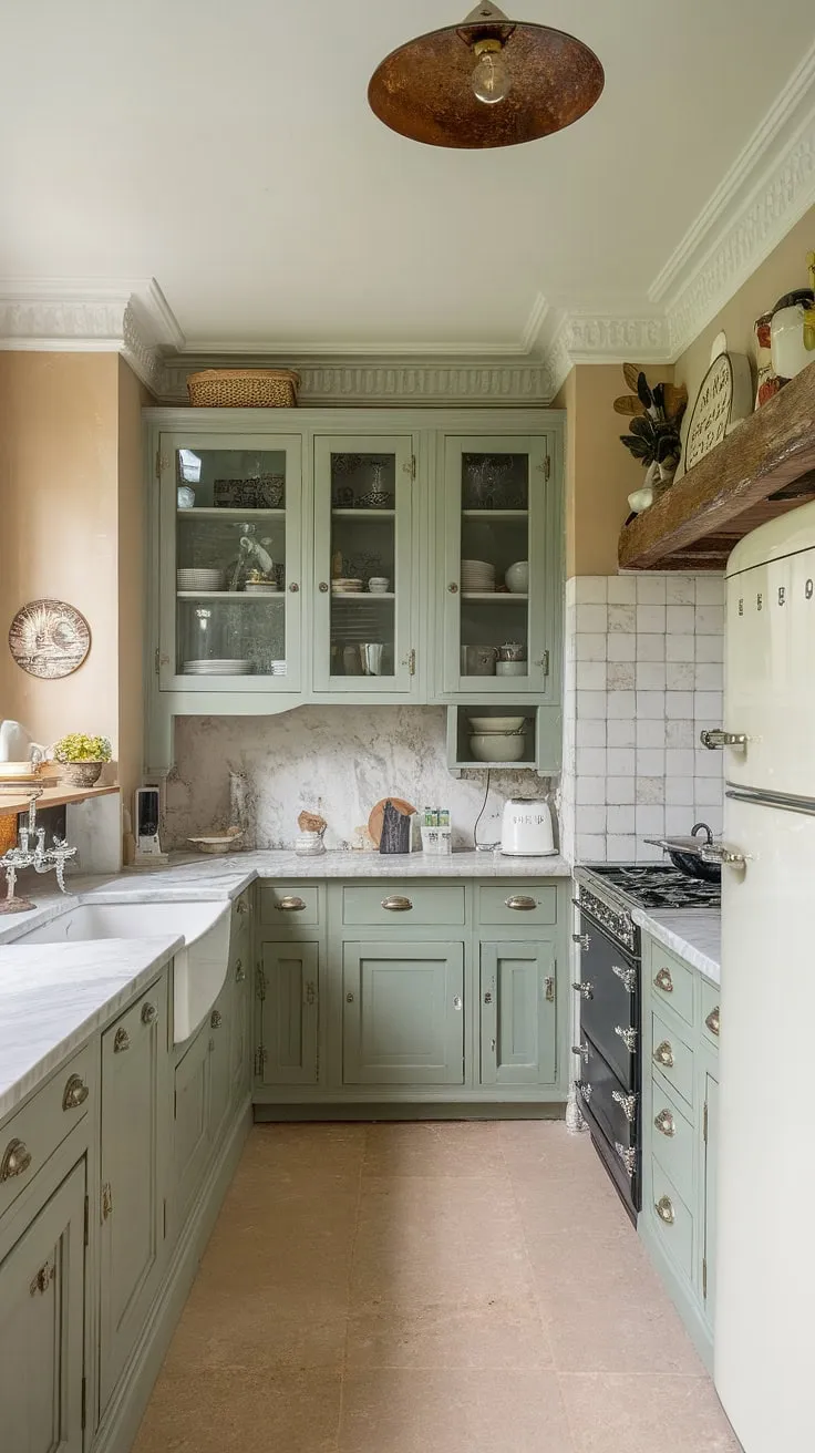 With its sage green kitchen cabinets and eclectic design, this French country kitchen showcases a unique blend of vintage elements and modern comforts.