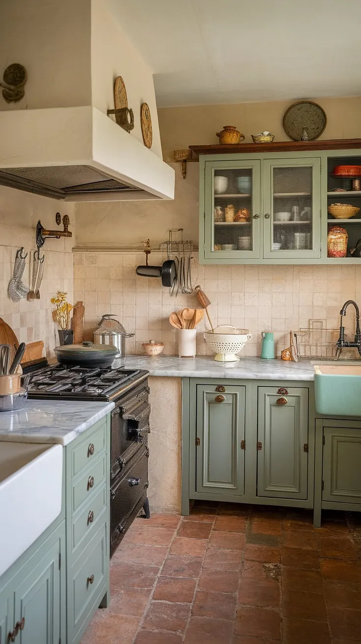 With its warm ambiance and sage green kitchen cabinets, this eclectic French country kitchen showcases a delightful blend of vintage charm and modern elegance.