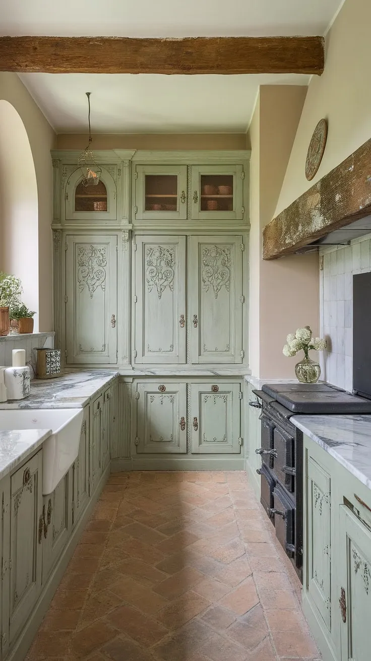 This eclectic French country kitchen features stunning sage green cabinets with intricate carvings, complemented by marble countertops and vintage elements for a charming and stylish design.