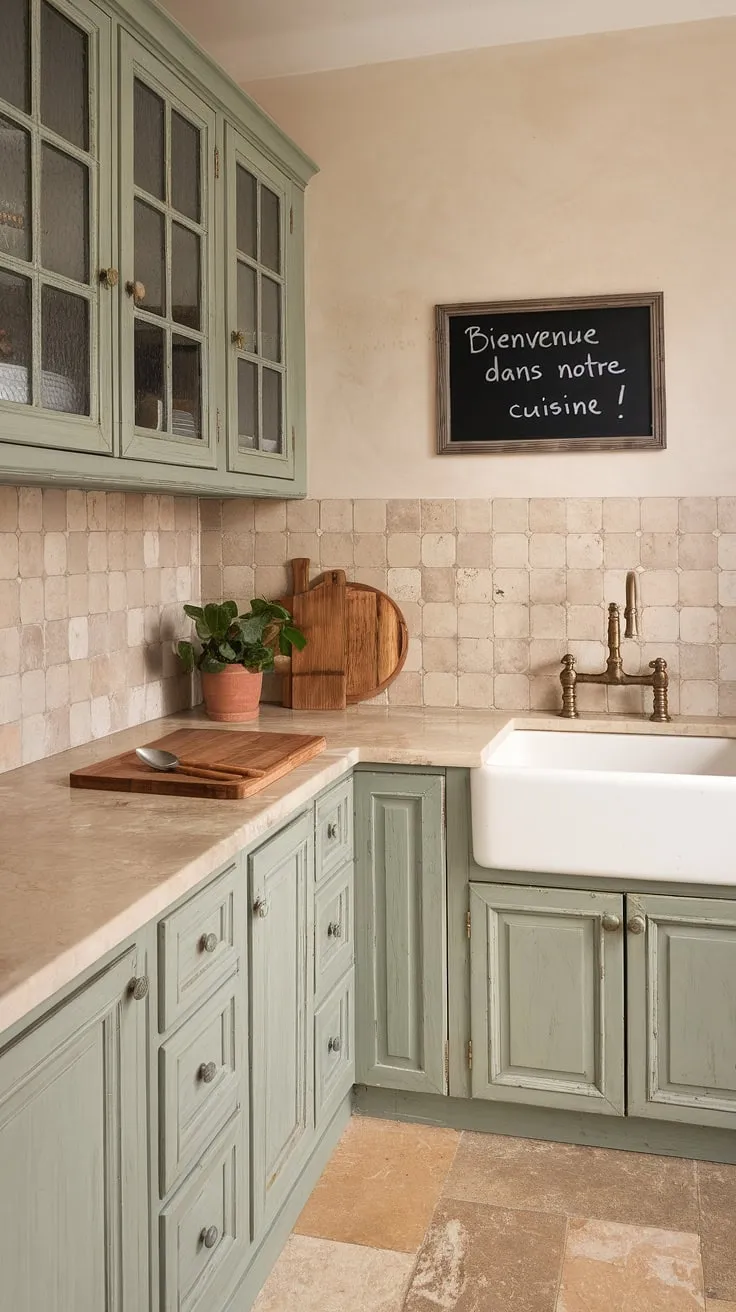 With its sage green kitchen cabinets and rustic finishes, this French style kitchen beautifully blends eclectic charm and country elegance.
