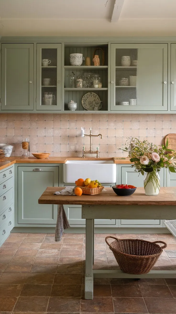The sage green kitchen, adorned with French country elements like green cabinets and a charming wooden farm table, offers delightful kitchen cabinet inspiration for a cozy and stylish space.