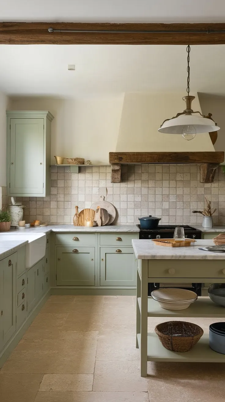 With its sage green kitchen cabinets and elegant white island, this French style kitchen beautifully combines rustic charm and modern kitchen cabinet inspiration.