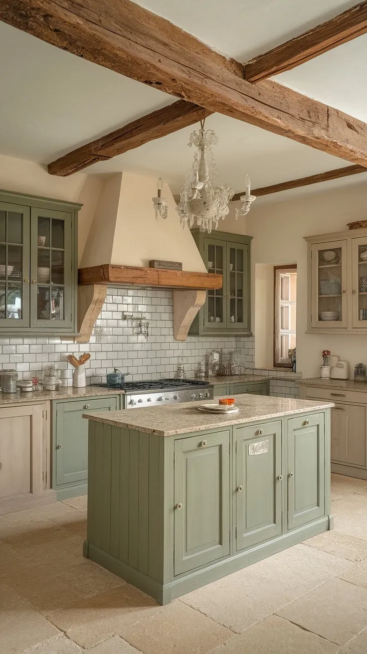 With its sage green kitchen cabinets and vintage chandelier, this French-style kitchen beautifully blends rustic charm and modern elegance.