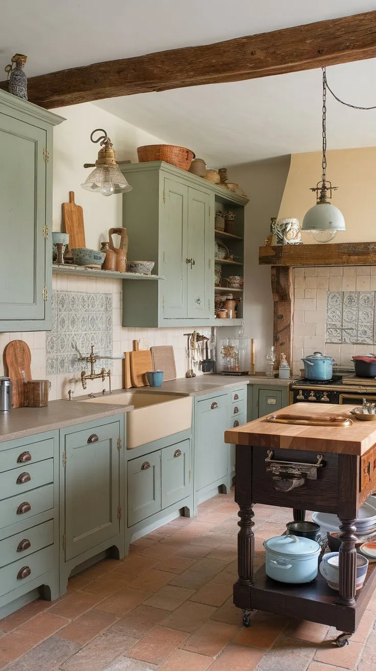 With its sage green kitchen cabinets, light stone countertops, and vintage accents, this eclectic French-style kitchen beautifully blends rustic charm and modern functionality.