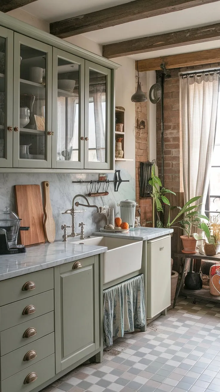 This eclectic French-style kitchen features sage green cabinets, a marble countertop, and rustic elements like exposed beams and a brick wall, offering inspiring ideas for a charming green kitchen.