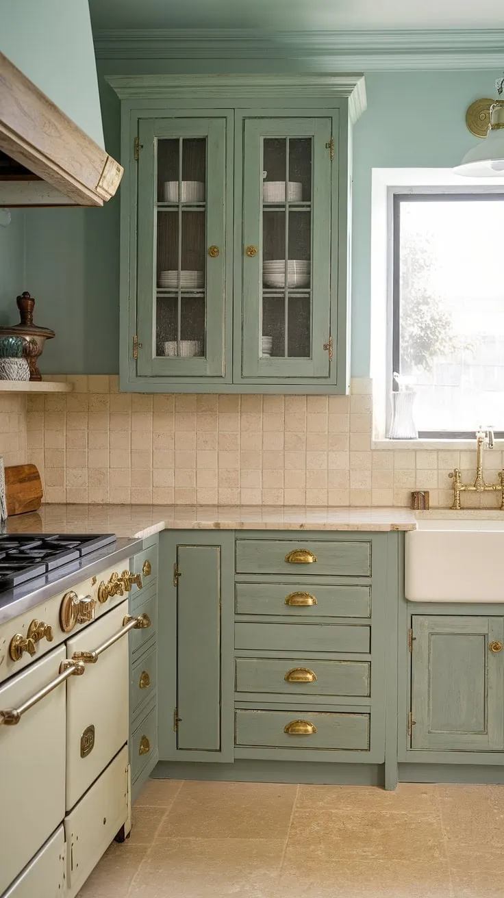 The French country kitchen showcases sage green cabinets, brass accents, and beige marble surfaces, blending eclectic charm with a sophisticated color palette.