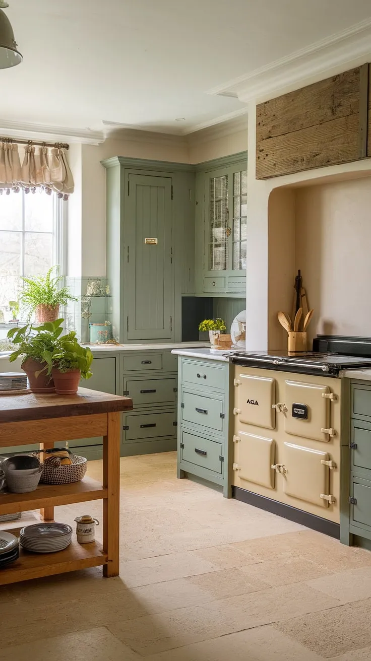 This eclectic French country kitchen features rustic sage green cabinets, a charming wooden island, and a warm beige AGA cooker, creating inspiring kitchen cabinet ideas.