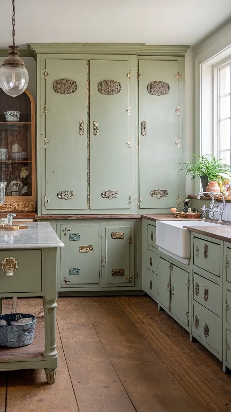 With its sage green cabinets, farmhouse sink, and vintage light fixture, this French country kitchen beautifully blends eclectic charm and modern elegance.