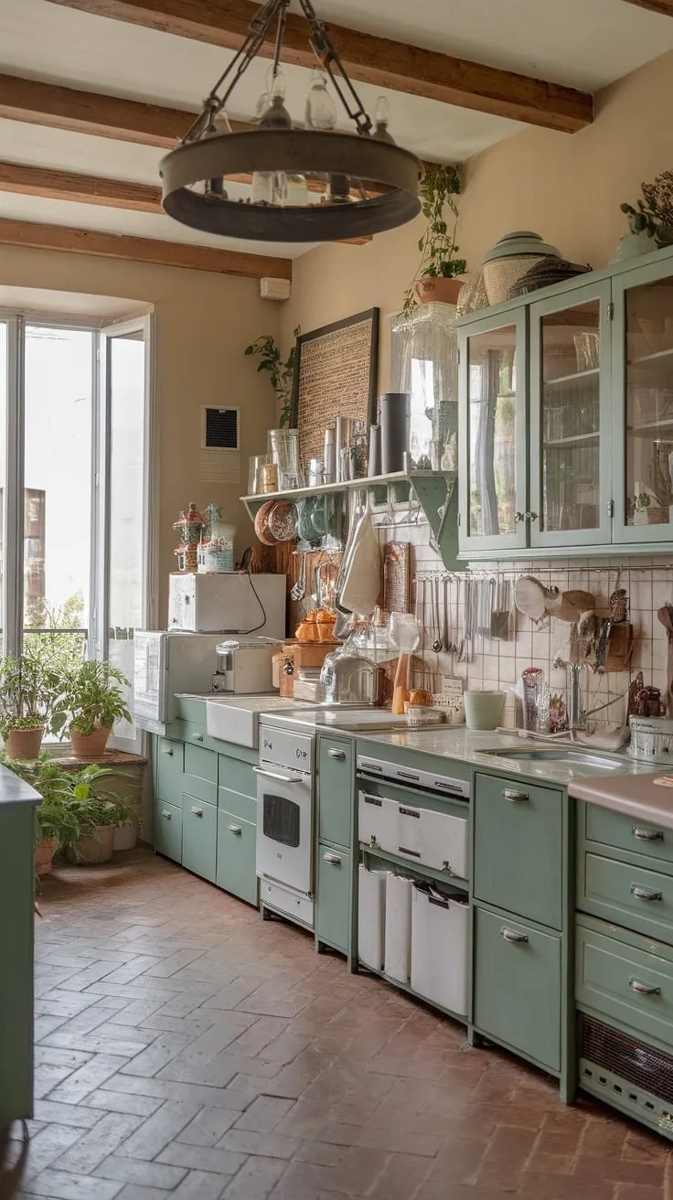 With its sage green kitchen cabinets and eclectic design, this French-style kitchen beautifully combines rustic elements and modern appliances for a unique culinary haven.
