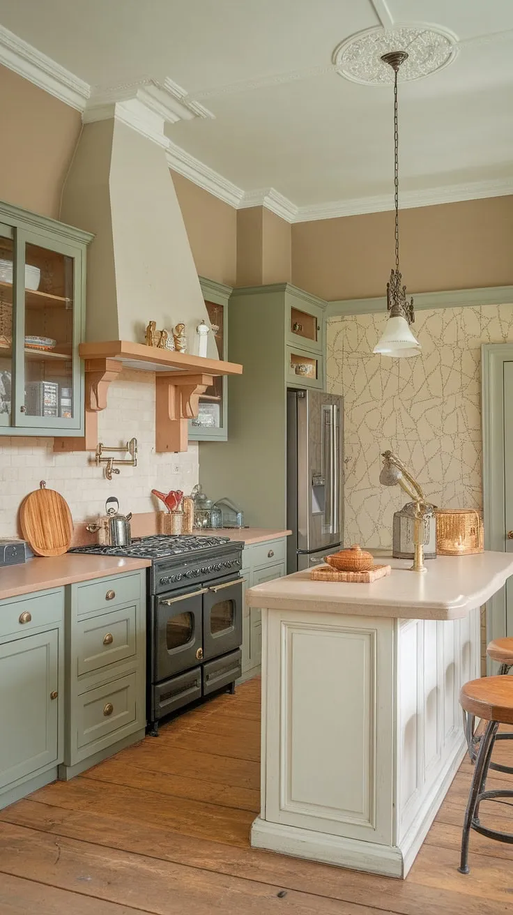 With its sage green cabinets and beige accents, this eclectic French country kitchen showcases unique kitchen cabinet inspiration for a stylish green kitchen.
