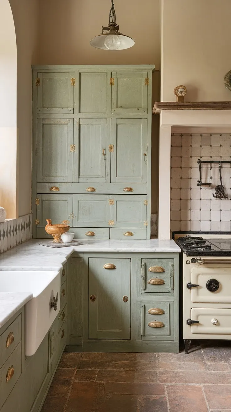 With its sage green cabinets and rustic finishes, this French country kitchen beautifully blends eclectic elements for stunning kitchen cabinet inspiration.