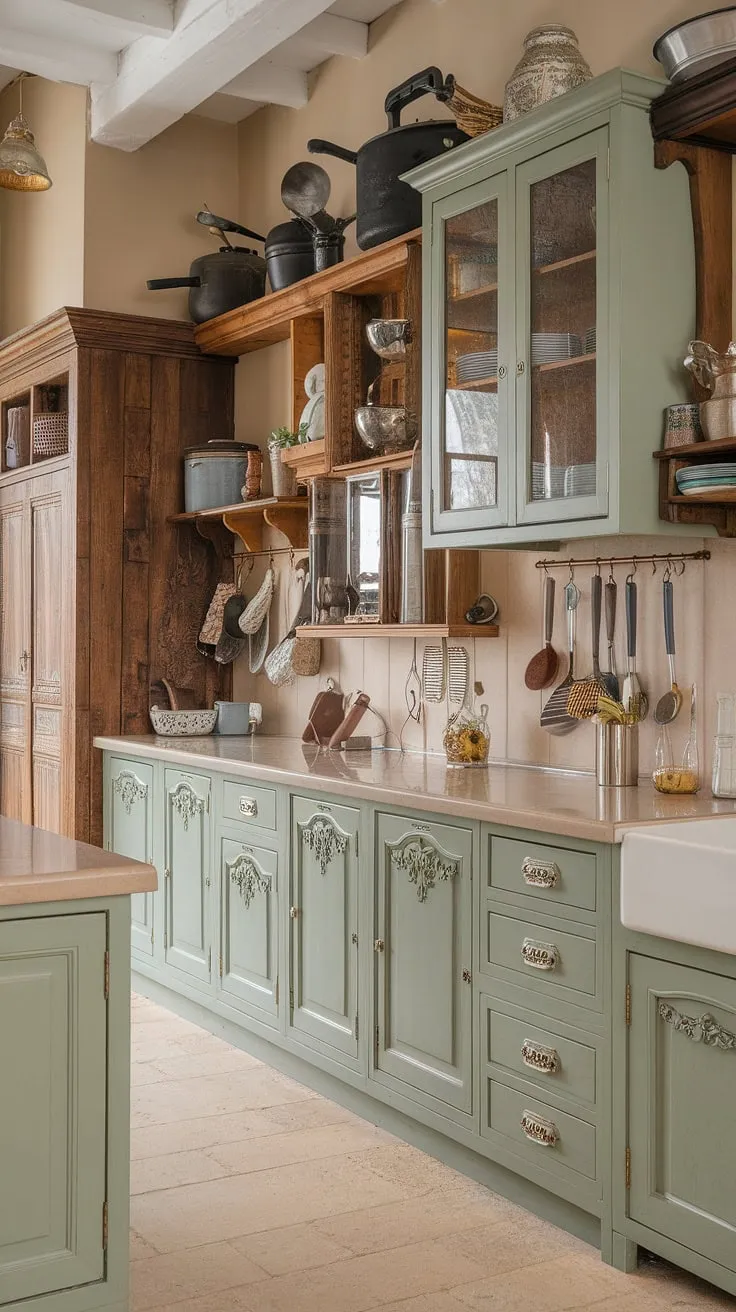 This eclectic French country kitchen features sage green cabinets with ornate carvings, beige quartz countertops, and rustic wooden elements, offering inspiring ideas for a stylish green kitchen.