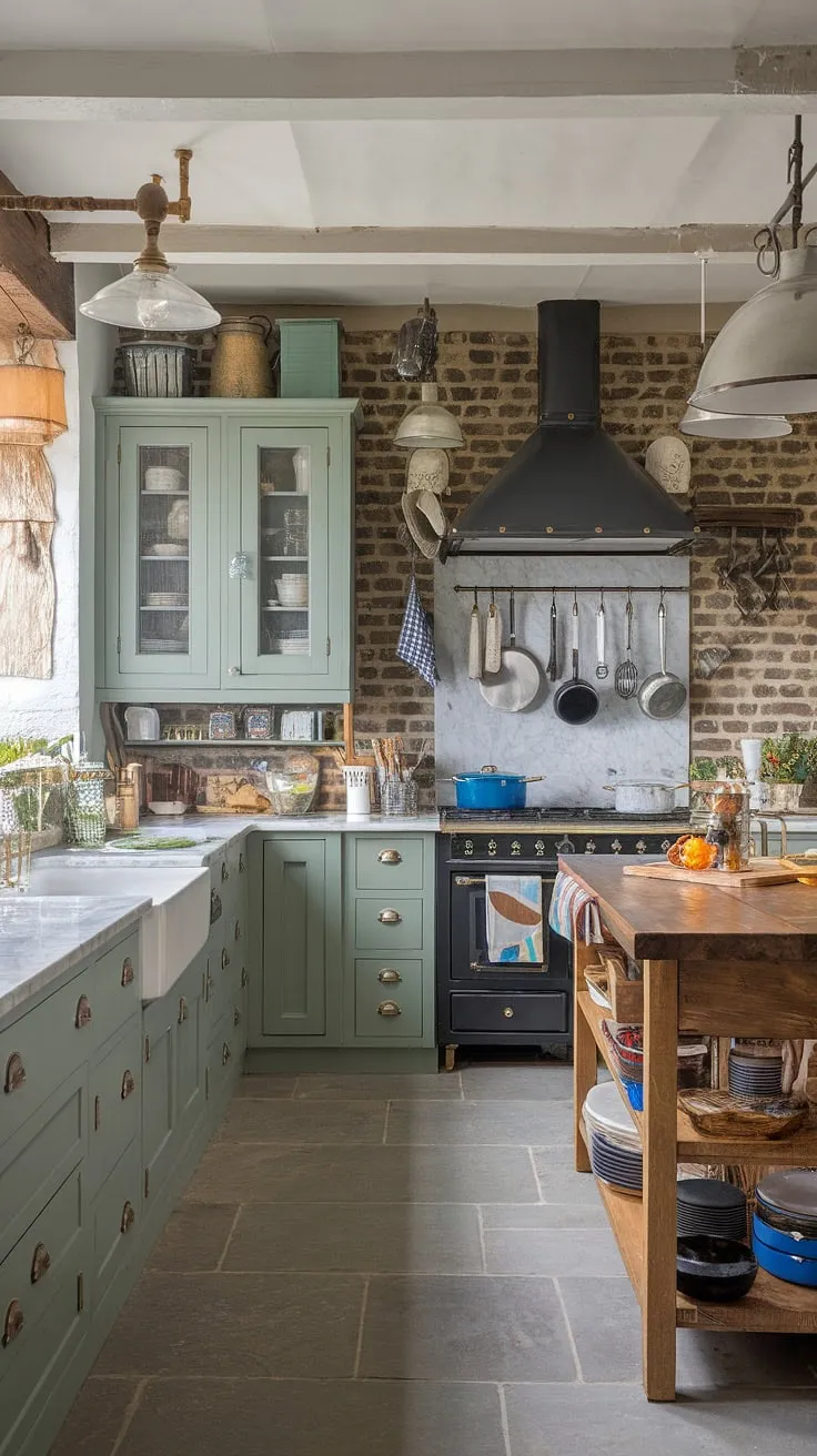 This French-style eclectic kitchen features sage green cabinets, rustic exposed beams, and vintage accents, creating a charming green kitchen that inspires with its unique blend of country elegance.