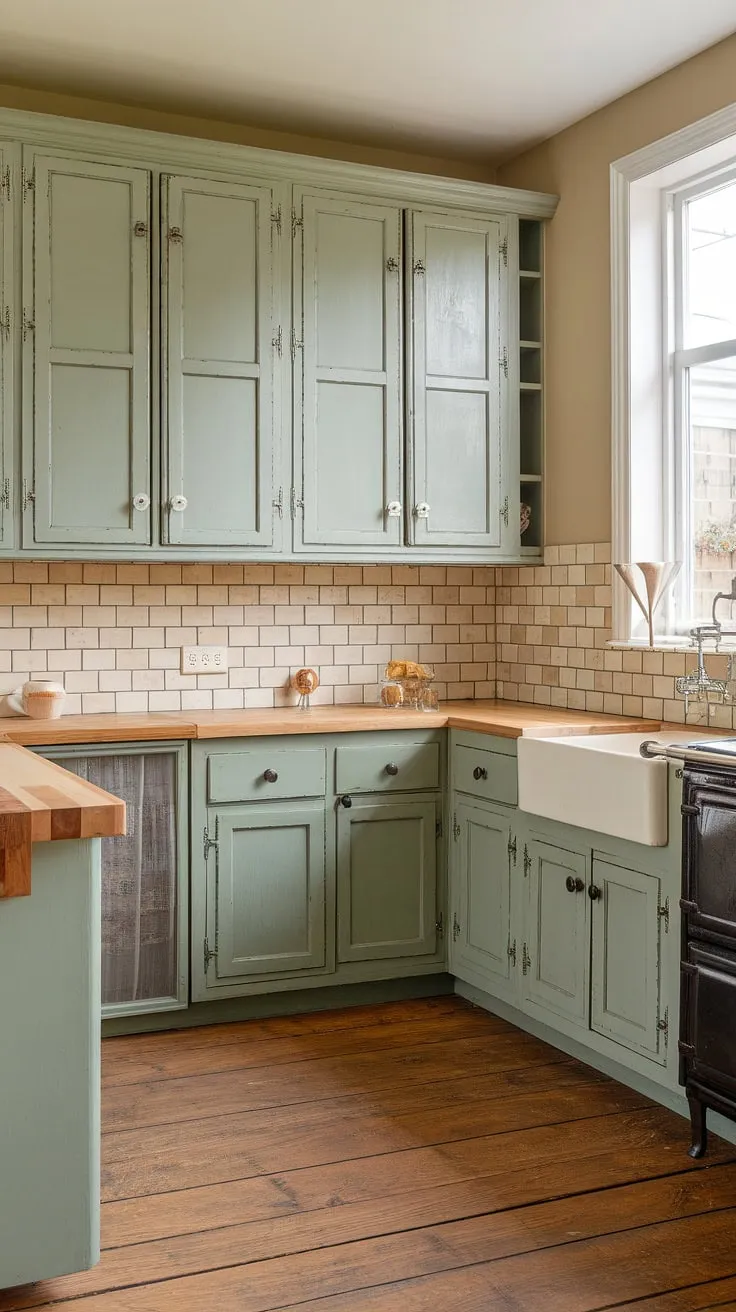 This eclectic French country kitchen features sage green cabinets with a distressed finish, butcher block countertops, and a charming farmhouse sink, offering inspiring kitchen cabinet ideas.