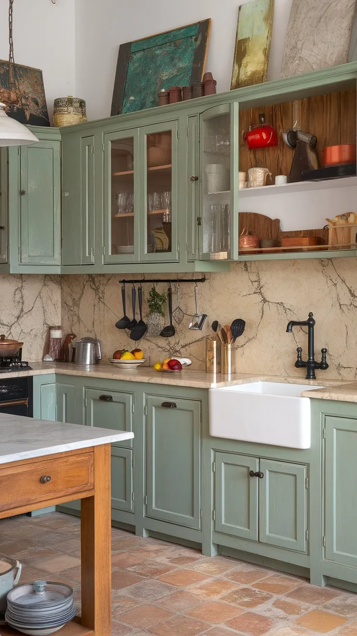 This eclectic French-style kitchen features rustic sage green cabinets, a beige marble countertop, and terracotta tiles, creating a charming green kitchen that inspires with its vintage touches.