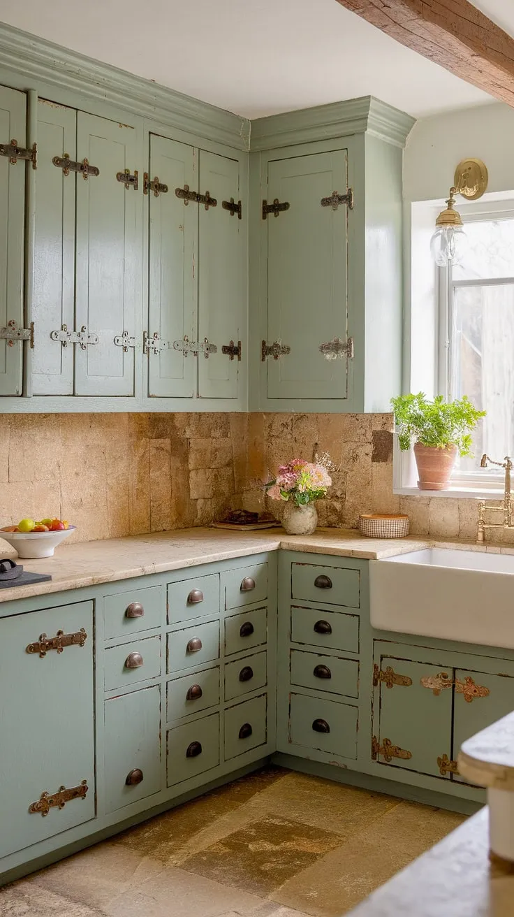 The sage kitchen showcases a blend of rustic elegance with its green kitchen cabinets, farmhouse sink, and vintage light fixture, creating a warm and inviting atmosphere.