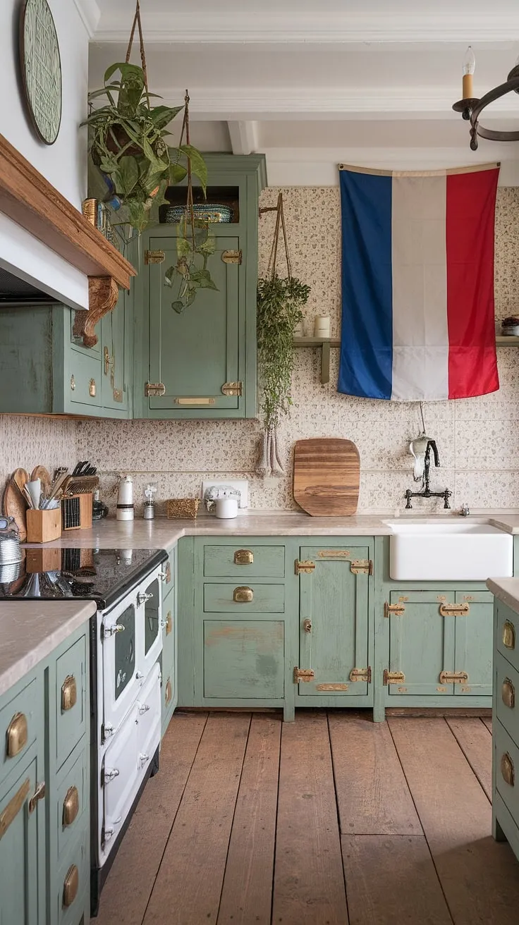 The sage green kitchen cabinets and vintage accents in this eclectic French style kitchen beautifully blend rustic charm with modern elegance.