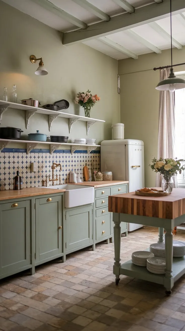 With its sage green kitchen cabinets, butcher block island, and mosaic backsplash, this French style kitchen beautifully blends rustic charm and modern kitchen cabinet inspiration.