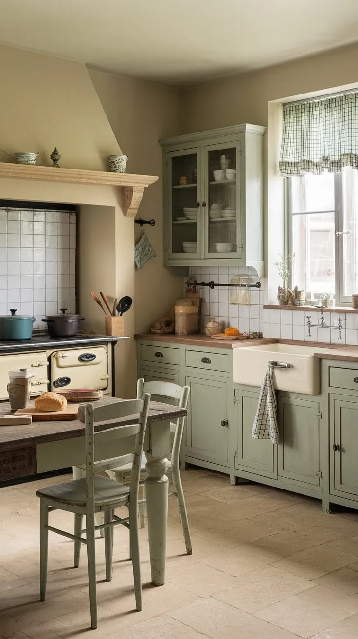 This eclectic French country kitchen showcases sage green cabinets and rustic charm, featuring a vintage stove, a cozy table, and a warm beige palette for inspiring green kitchen cabinet ideas.
