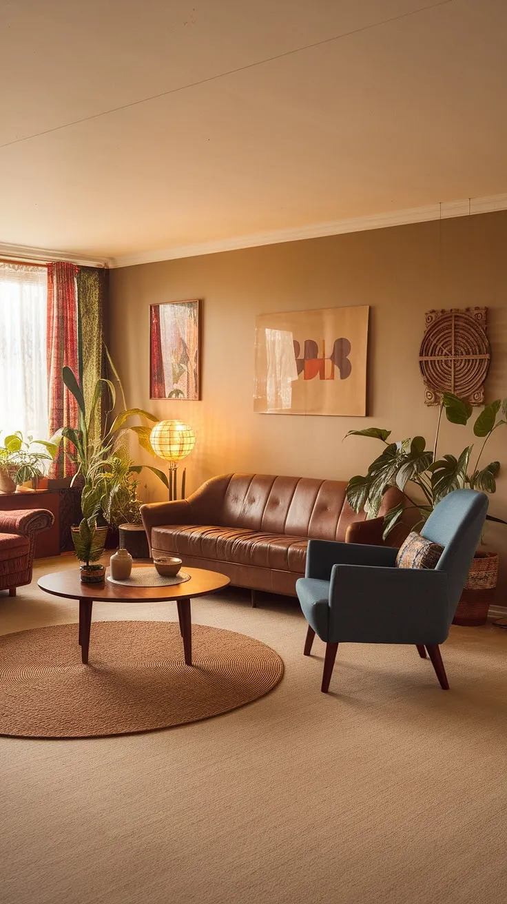 With its beige carpet and retro vintage aesthetic, this living room offers inspiring thrift living room ideas perfect for renters seeking a unique 60s and 70s vibe.
