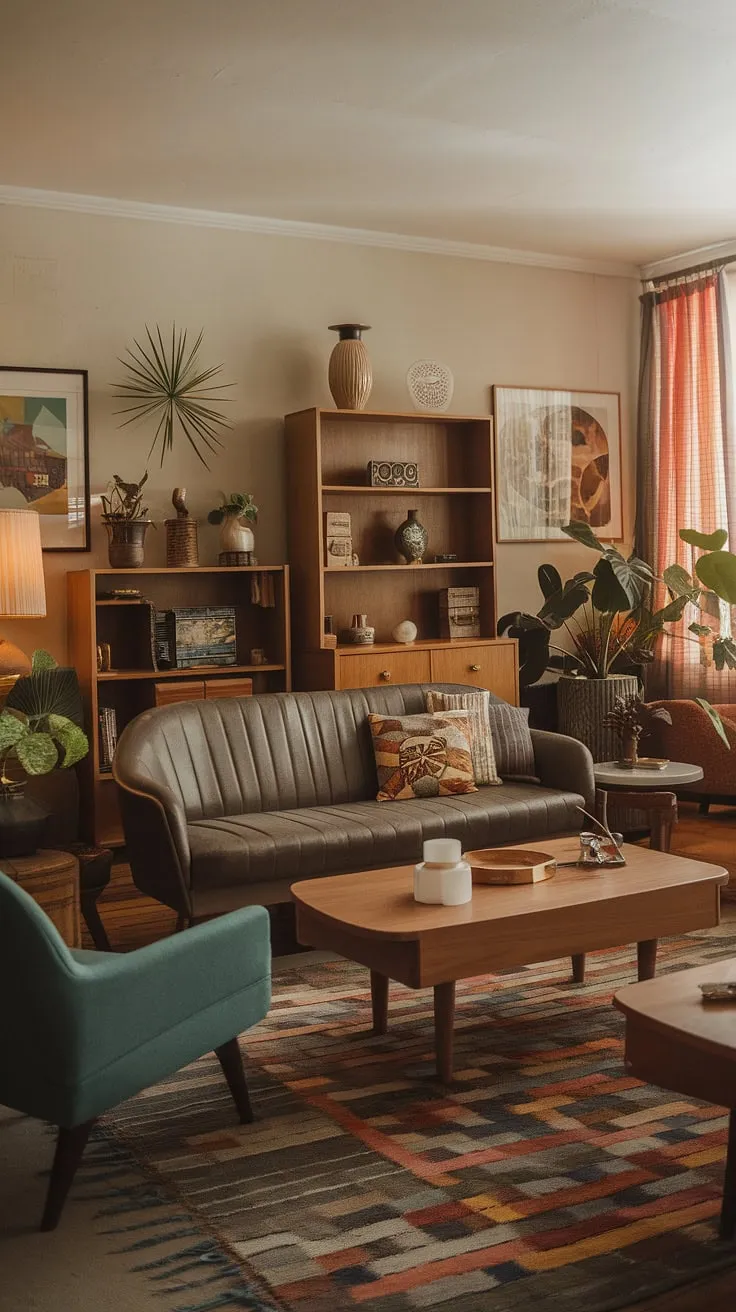 With its retro vintage charm, this inviting living room blends 60s and 70s interior design elements, making it an ideal space for those seeking unique thrift living room ideas.