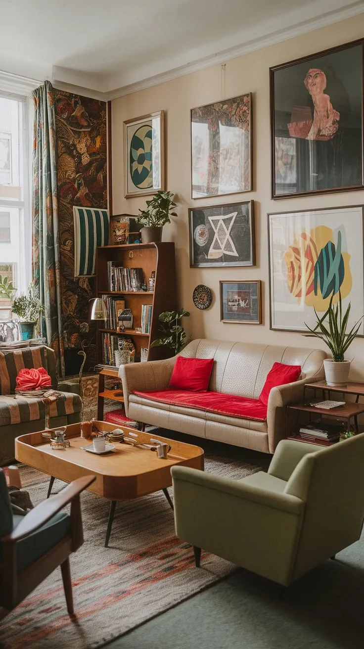 This eclectic living room showcases a vintage theme with a beige sofa, green armchair, and retro decor, perfect for renters seeking thrift living room ideas that blend 60s and 70s aesthetics.