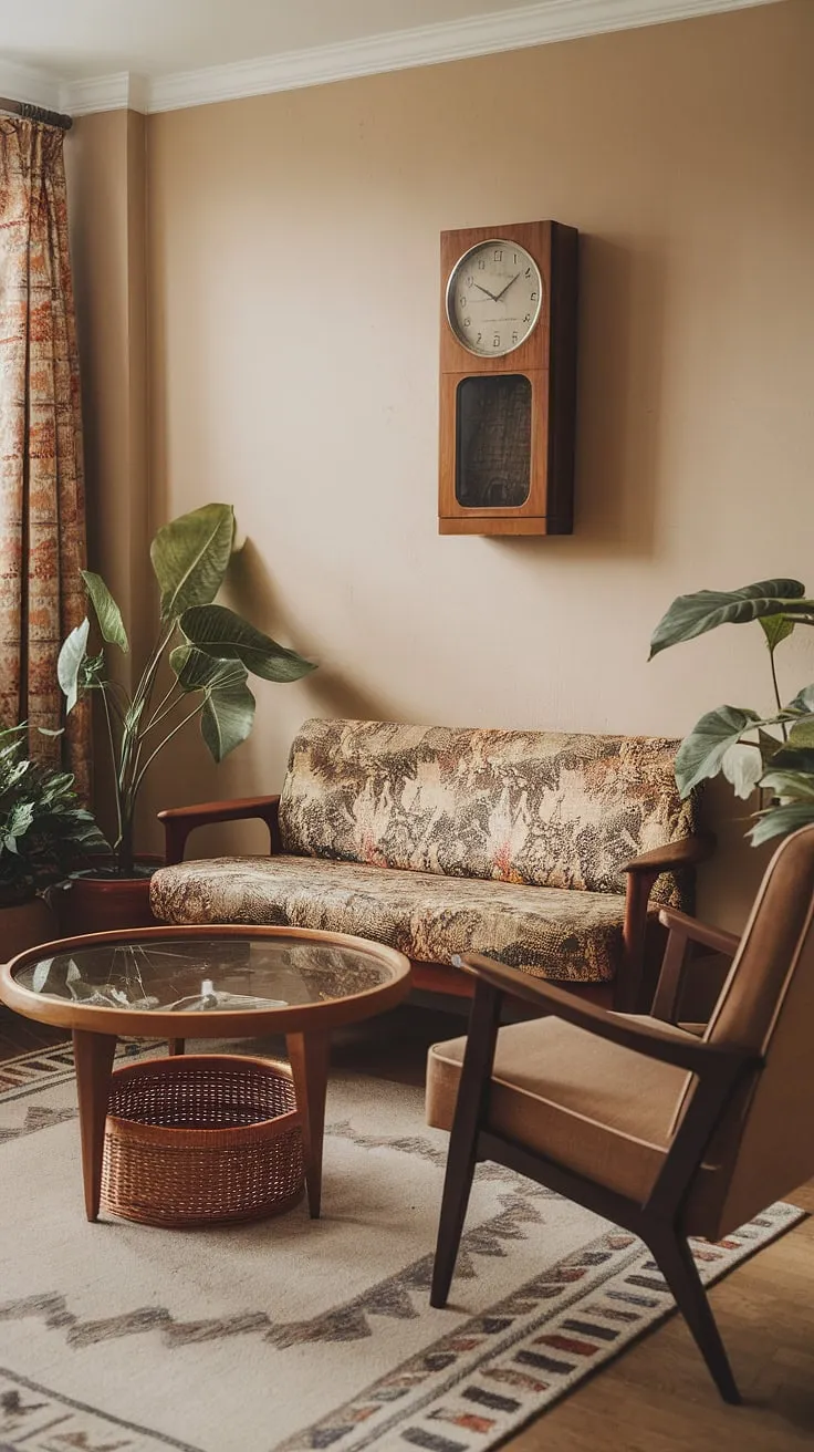 This eclectic living room showcases a vintage theme with a mid-century modern floral sofa, a retro 60s coffee table, and 70s decor, perfect for renters seeking thrift living room ideas.