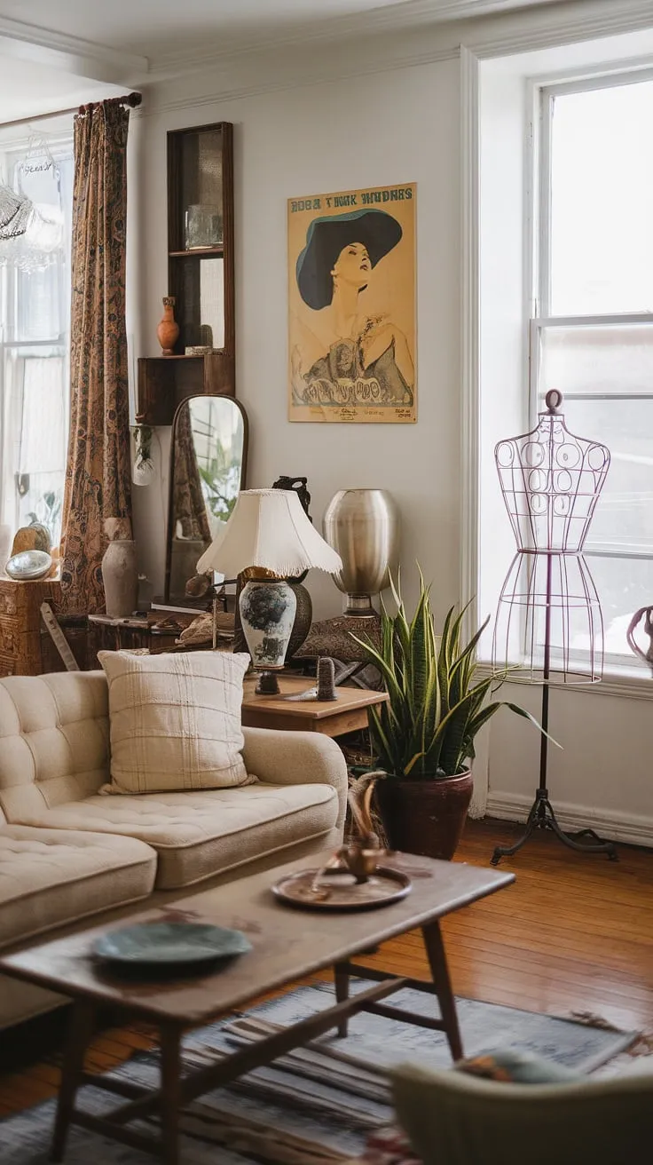 This eclectic living room showcases a vintage theme with a beige sofa, retro decor, and thrift living room ideas that capture the charm of 60s and 70s interior design, perfect for renters.