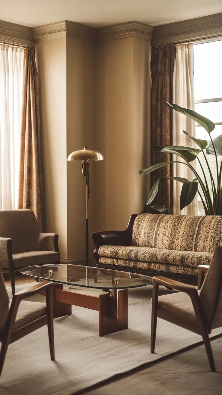 Featuring a harmonious blend of patterned upholstery, wooden frames, and vintage decor, this retro vintage living room captures the essence of 60s and 70s aesthetics while offering stylish living room ideas for renters.