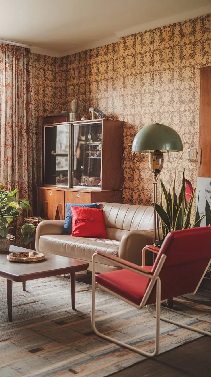 This eclectic living room showcases a vintage theme with a 60s aesthetic and 70s design elements, featuring a beige sofa, retro accents, and thrifted decor ideas perfect for renters.