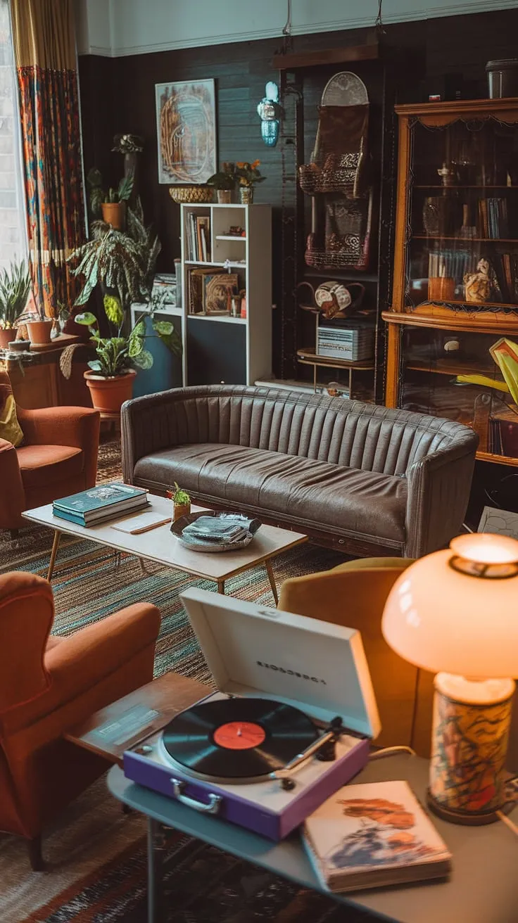 The vintage-themed living room blends 60s and 70s aesthetics with thrifted finds, creating a cozy space ideal for renters seeking unique living room ideas.