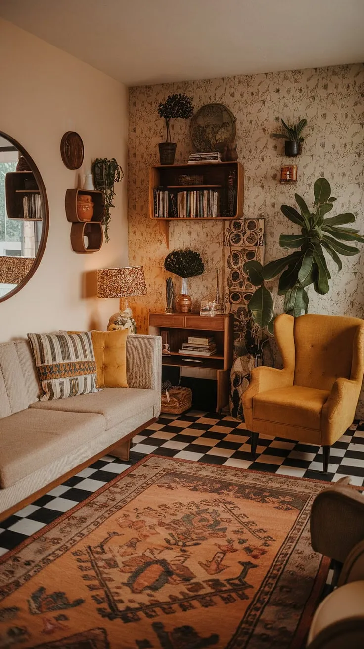 With its patterned cushions, vintage rug, and soft lighting, this retro vintage living room captures the charm of 60s and 70s interior design while offering creative living room ideas for renters.